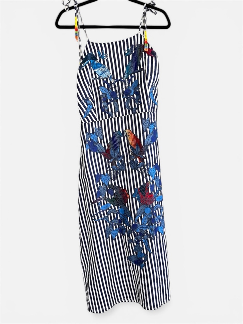 FARM Rio Navy & White Striped Maxi Dress with Blue Floral Embroidery